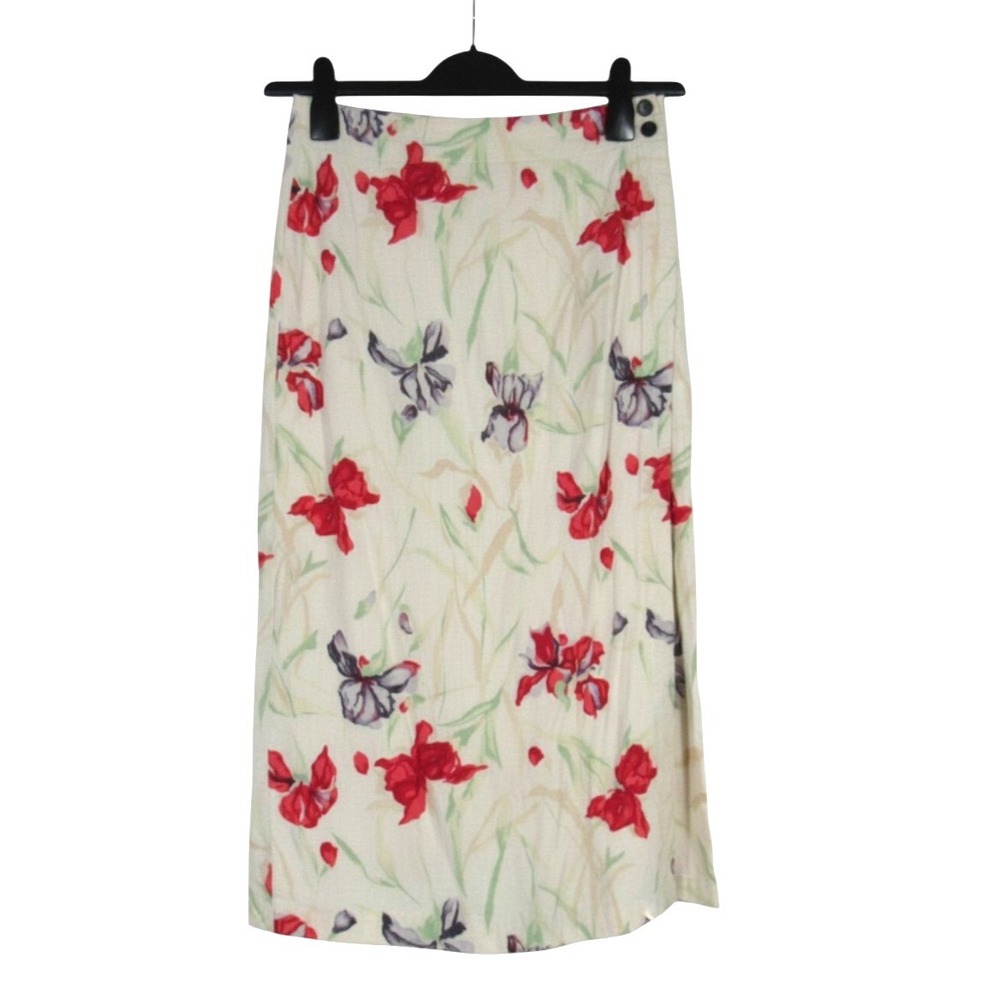 RUFF HEWN Beige/Multi LINEN BLEND Button Side WRAP-AROUND Midi STRAIGHT SKIRT S